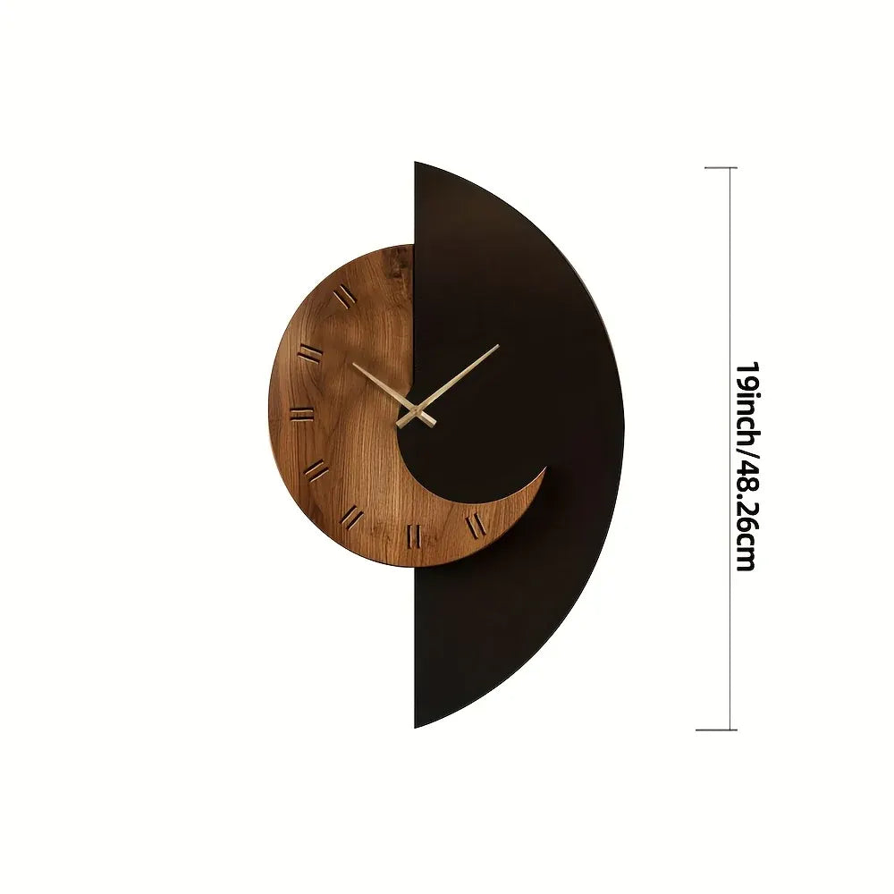 Half-Moon Wooden Wall Clock, Modern Silent Design, Battery Powered