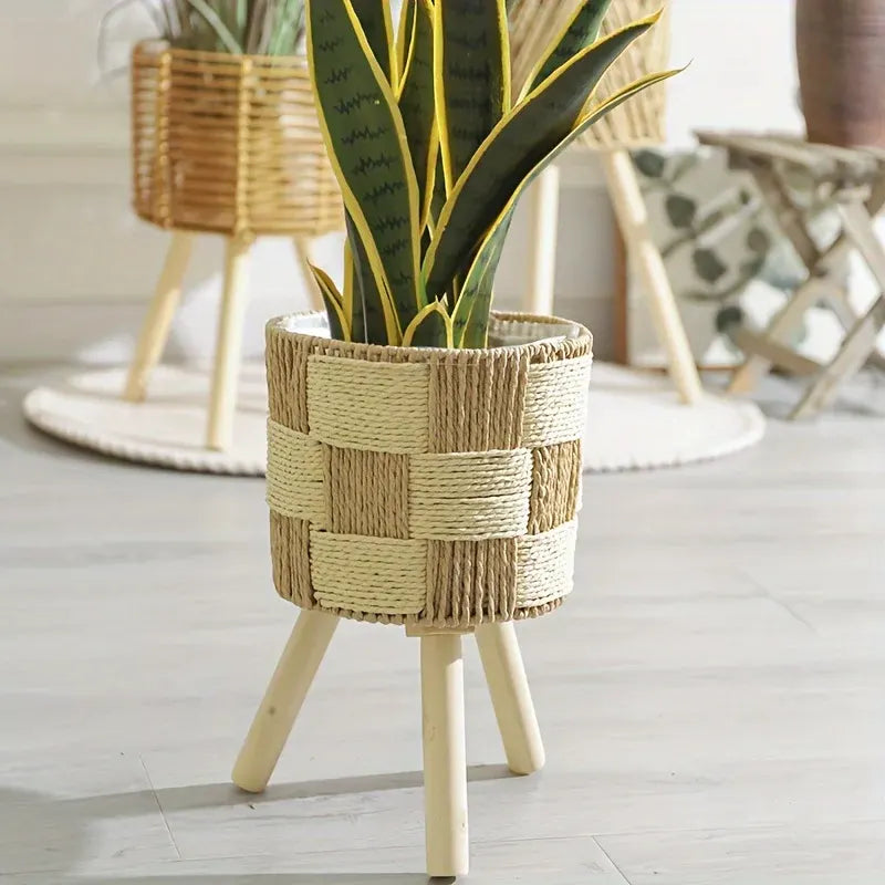 Handwoven Rattan Bamboo Plant Stand with Wooden Legs – Bohemian Style Flower Planter