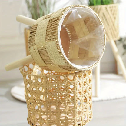 Handwoven Rattan Bamboo Plant Stand with Wooden Legs – Bohemian Style Flower Planter