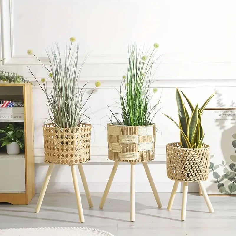 Handwoven Rattan Bamboo Plant Stand with Wooden Legs – Bohemian Style Flower Planter