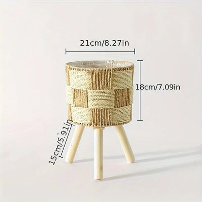 Handwoven Rattan Bamboo Plant Stand with Wooden Legs – Bohemian Style Flower Planter
