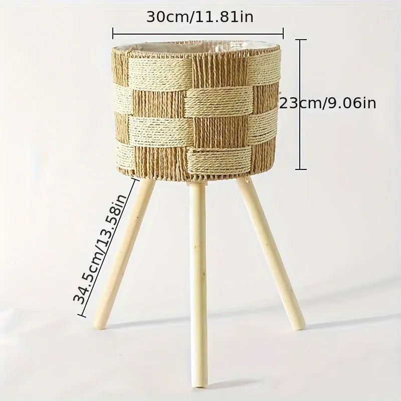 Handwoven Rattan Bamboo Plant Stand with Wooden Legs – Bohemian Style Flower Planter