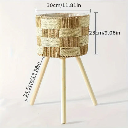 Handwoven Rattan Bamboo Plant Stand with Wooden Legs – Bohemian Style Flower Planter