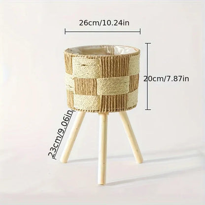 Handwoven Rattan Bamboo Plant Stand with Wooden Legs – Bohemian Style Flower Planter