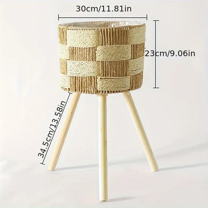 Handwoven Rattan Bamboo Plant Stand with Wooden Legs – Bohemian Style Flower Planter