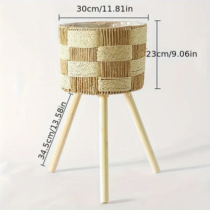 Handwoven Rattan Bamboo Plant Stand with Wooden Legs – Bohemian Style Flower Planter