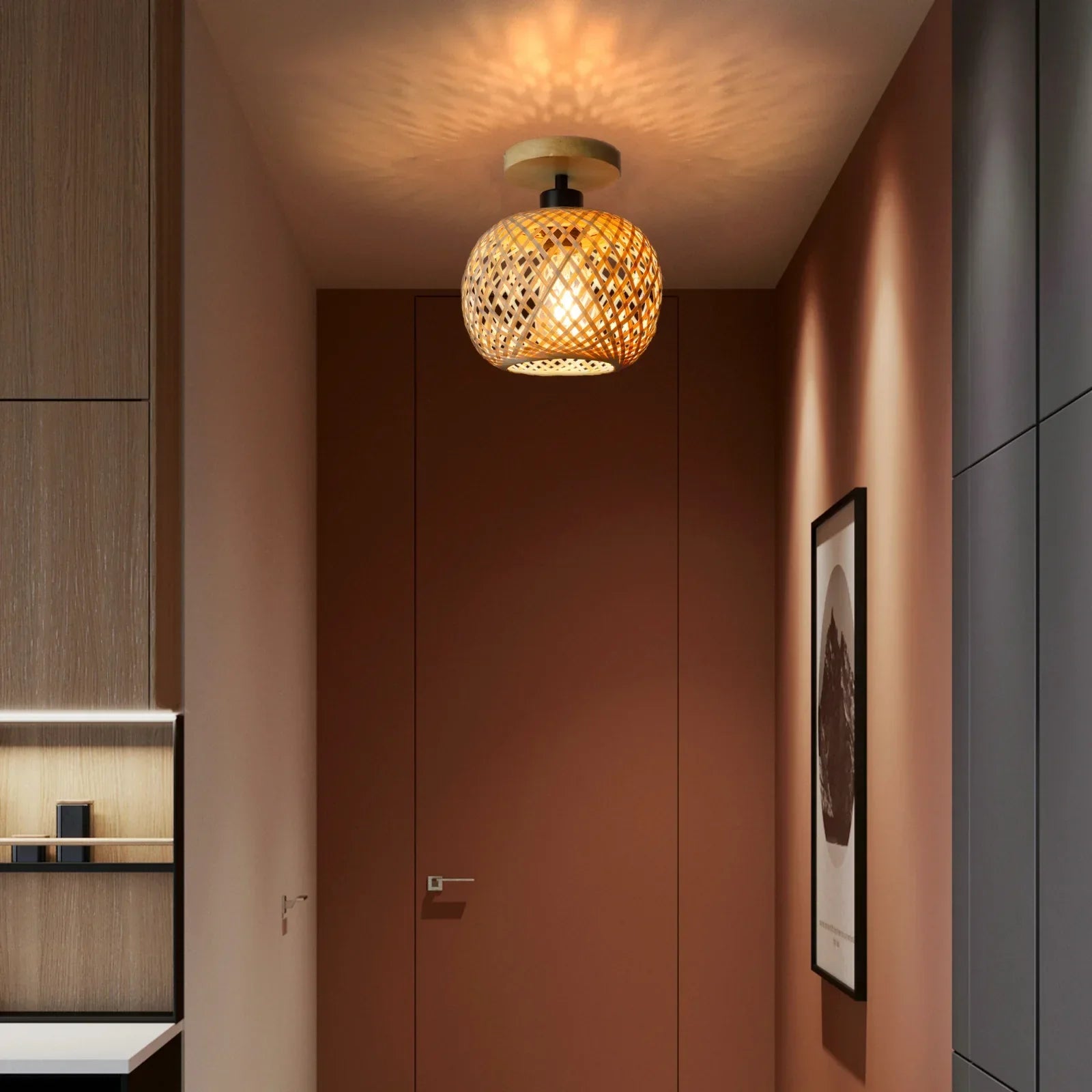 Handwoven Rattan LED Ceiling Fixture with Natural Bamboo Design