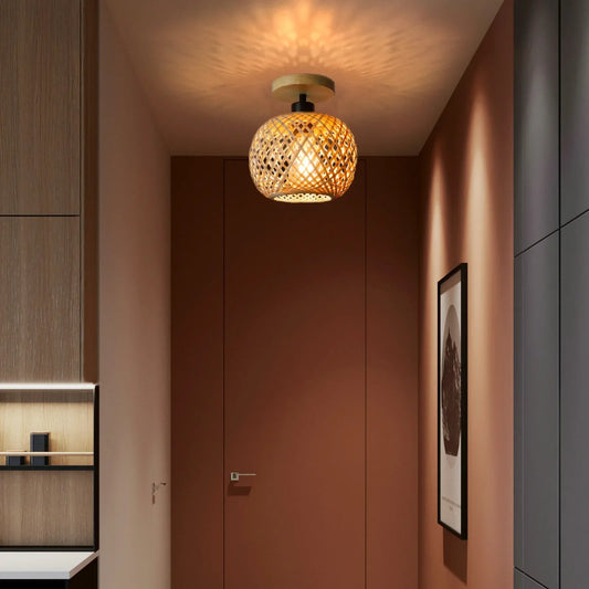 Handwoven Rattan LED Ceiling Fixture with Natural Bamboo Design