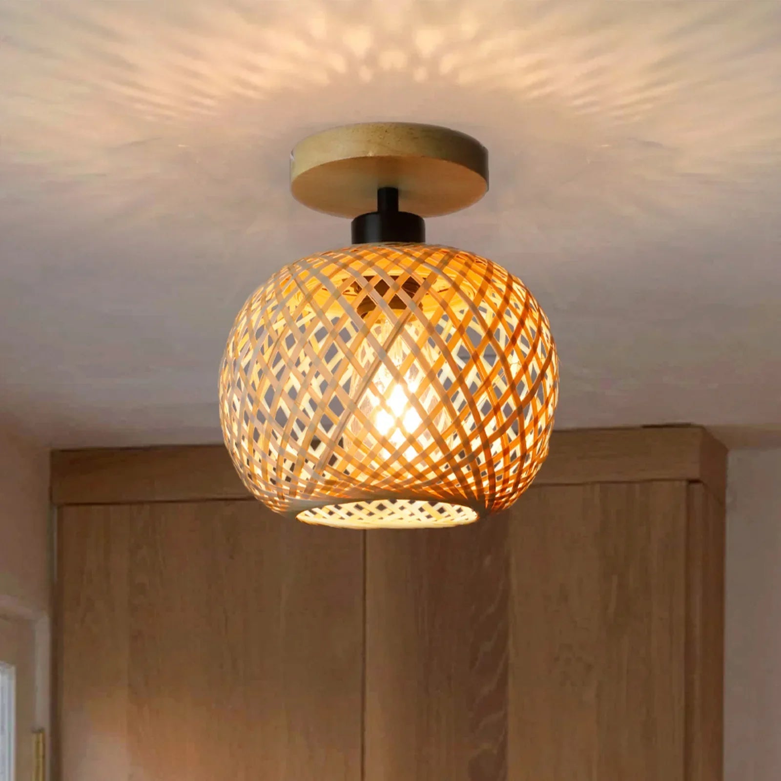 Handwoven Rattan LED Ceiling Fixture with Natural Bamboo Design