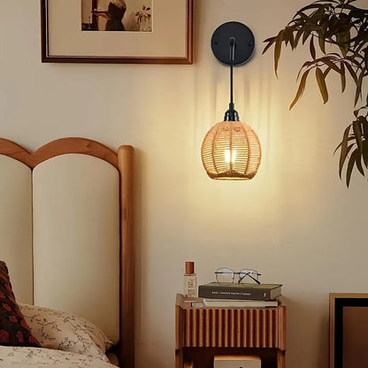 Handwoven Rattan Wall Sconce | Boho Bedside & Living Room Lamp