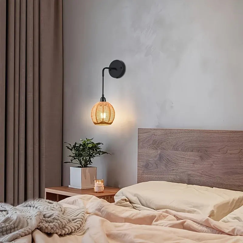 Handwoven Rattan Wall Sconce | Boho Bedside & Living Room Lamp