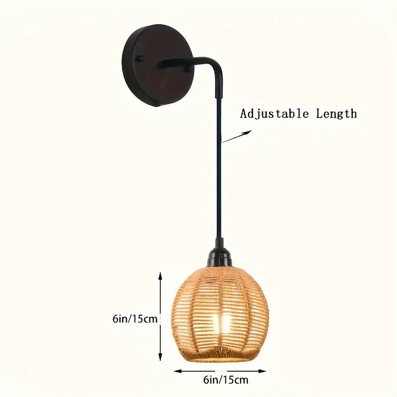 Handwoven Rattan Wall Sconce | Boho Bedside & Living Room Lamp