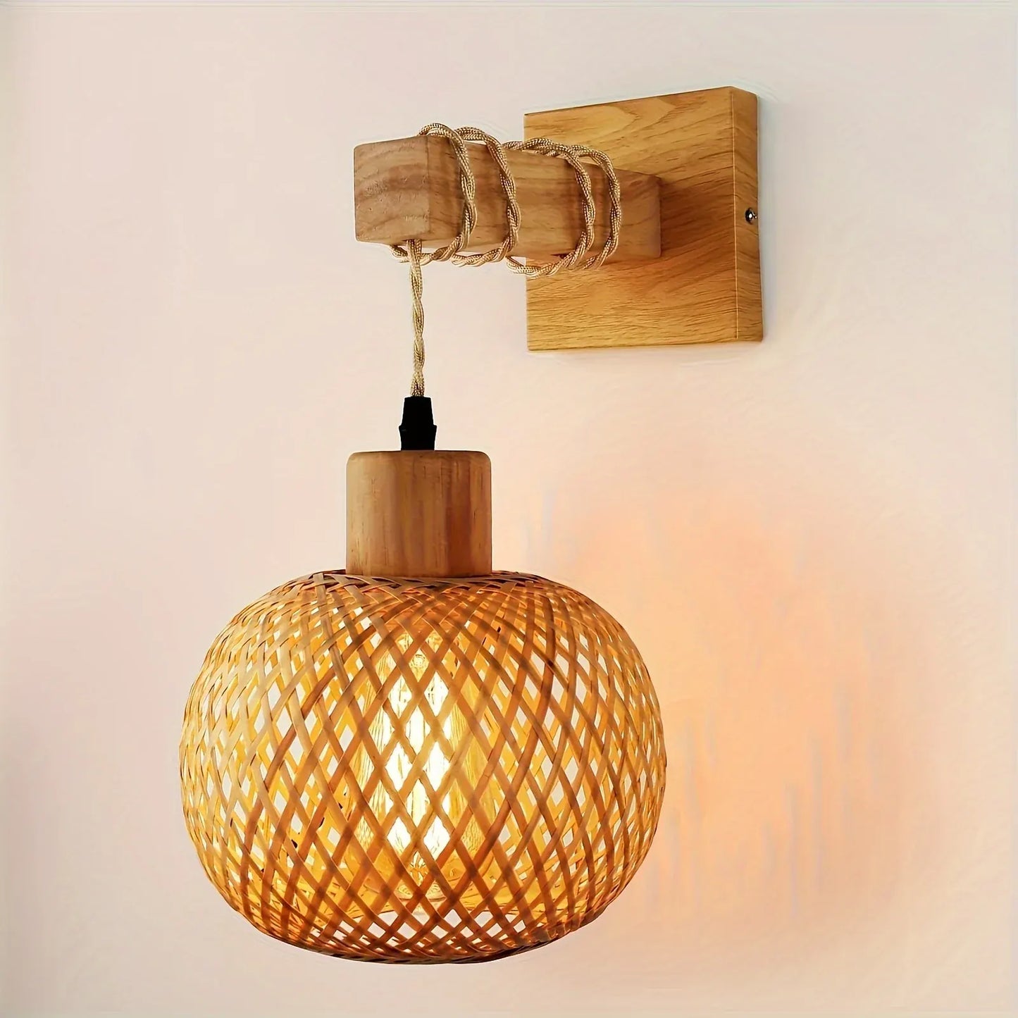 Handwoven Rattan Wall Sconce with Rustic Wood Frame - Woven Light Fixture