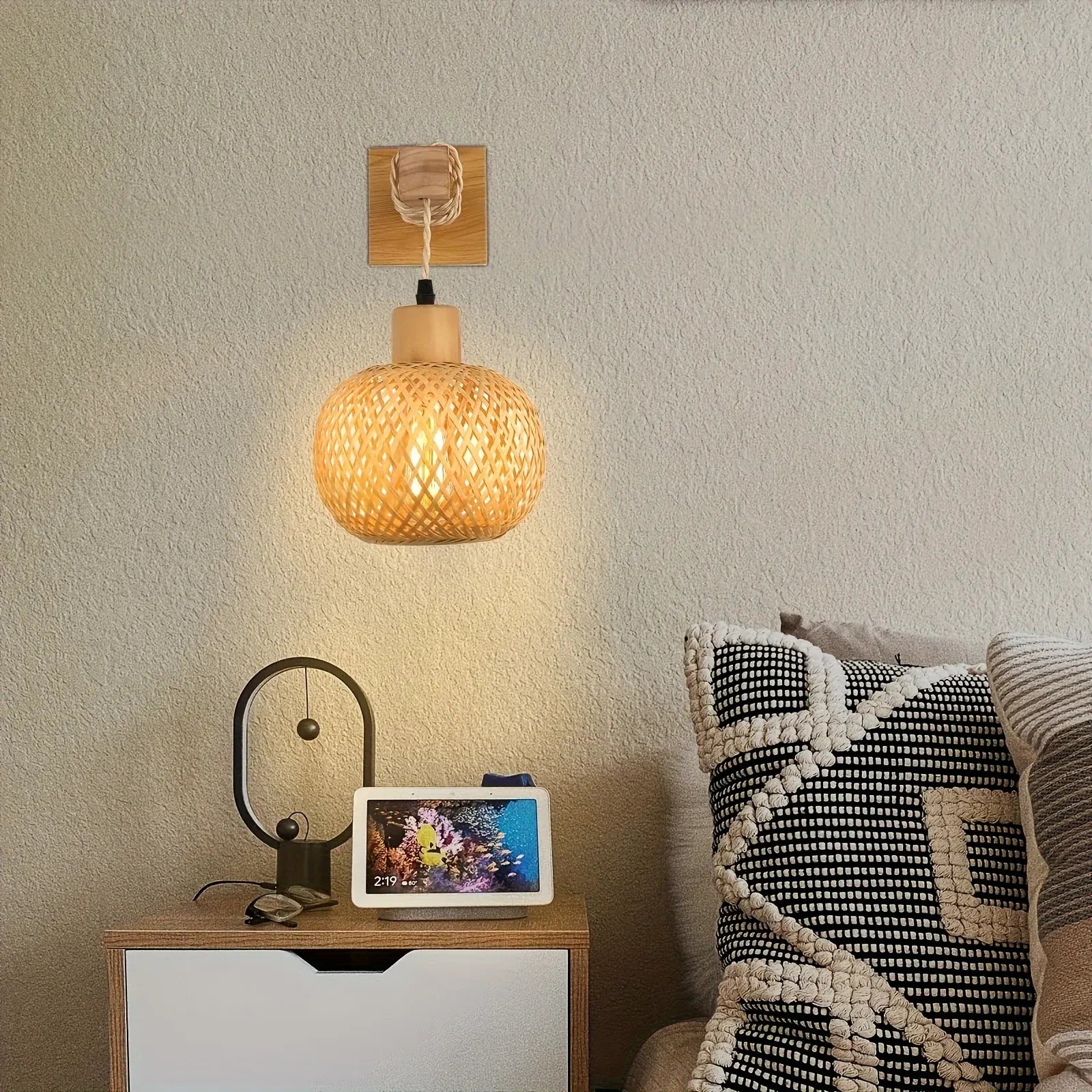 Handwoven Rattan Wall Sconce with Rustic Wood Frame - Woven Light Fixture