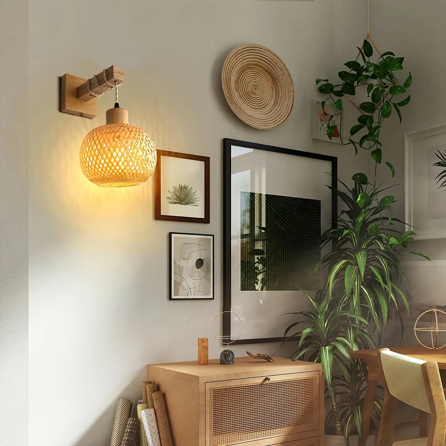 Handwoven Rattan Wall Sconce with Rustic Wood Frame - Woven Light Fixture