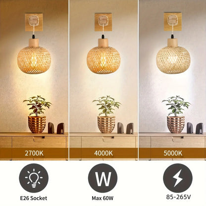 Handwoven Rattan Wall Sconce with Rustic Wood Frame - Woven Light Fixture