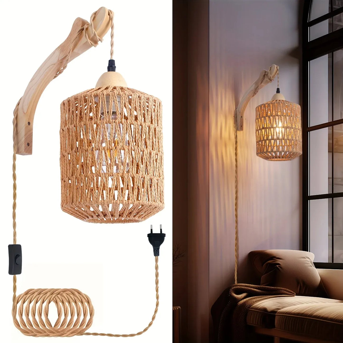 Handwoven Rattan & Wood Sconce | Boho Plug-In Wall Light