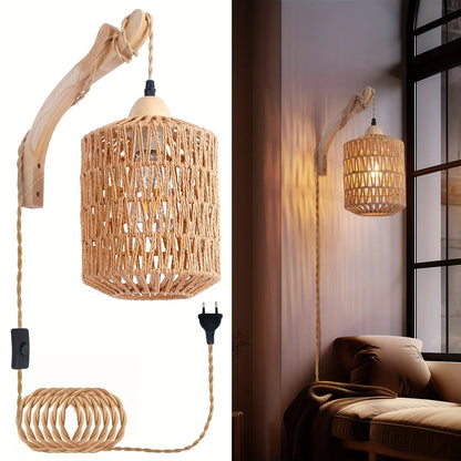 Handwoven Rattan & Wood Sconce | Boho Plug-In Wall Light