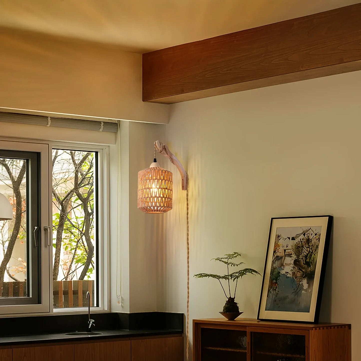Handwoven Rattan & Wood Sconce | Boho Plug-In Wall Light