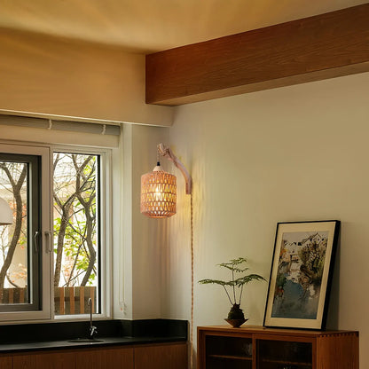 Handwoven Rattan & Wood Sconce | Boho Plug-In Wall Light