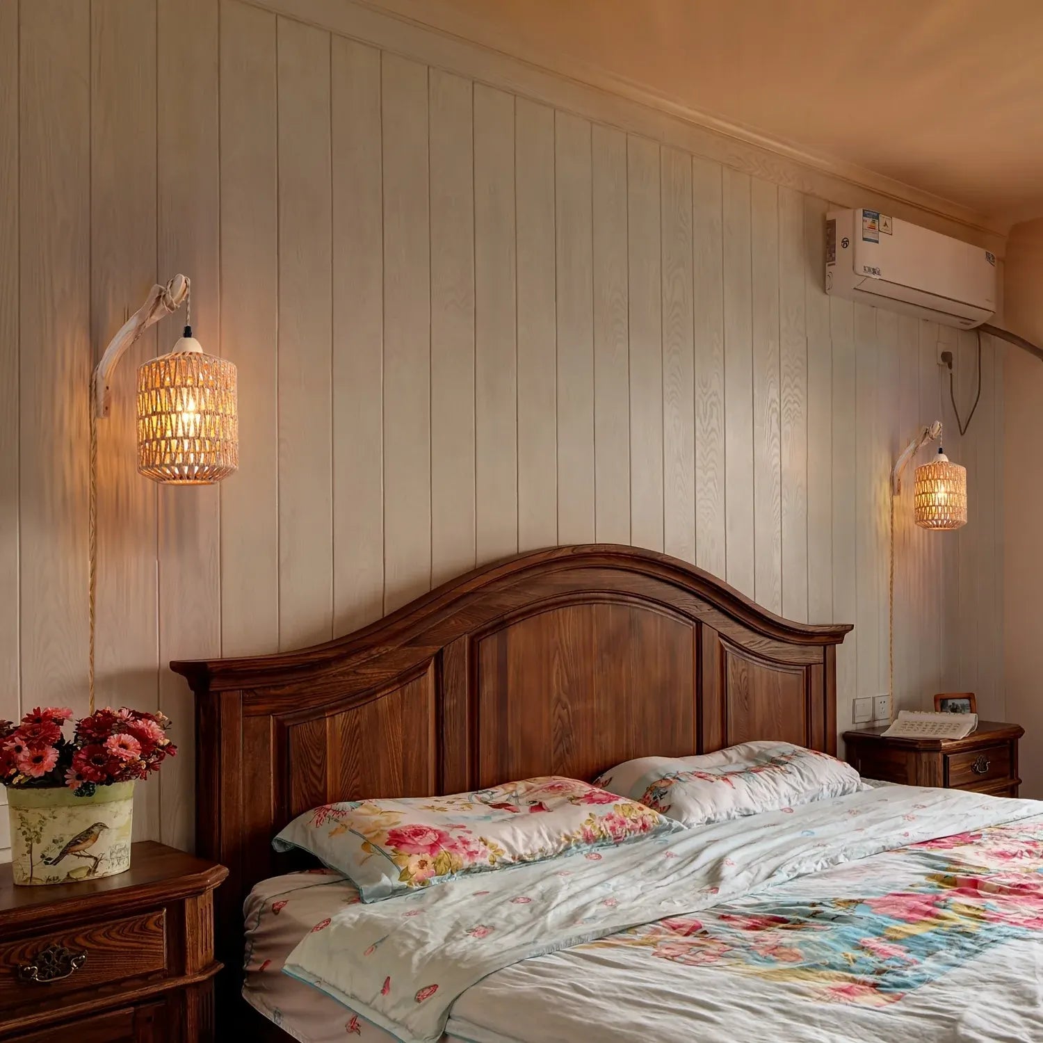 Handwoven Rattan & Wood Sconce | Boho Plug-In Wall Light