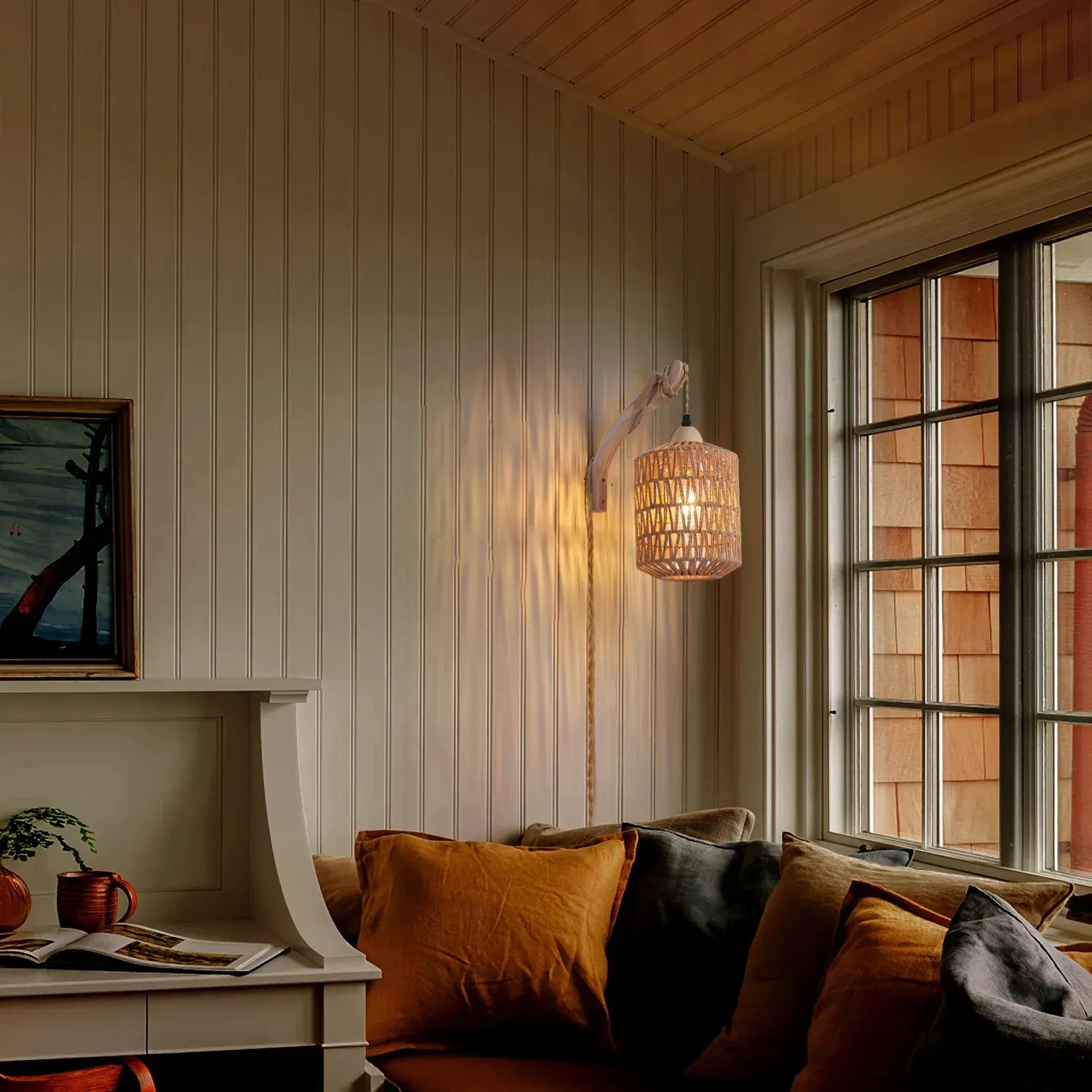 Handwoven Rattan & Wood Sconce | Boho Plug-In Wall Light