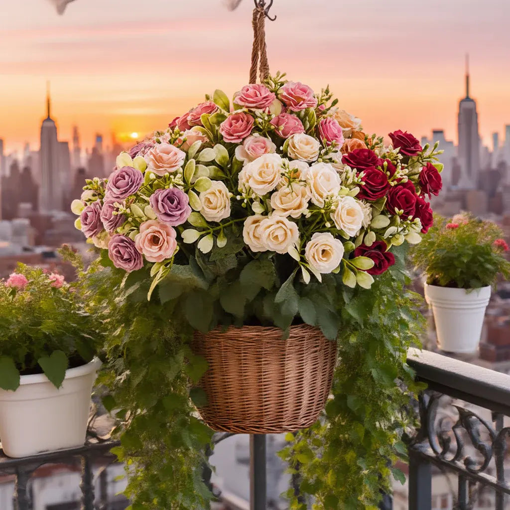Hanging Rose Basket Artificial Flower Arrangement for Patio - Mother's Day Decor