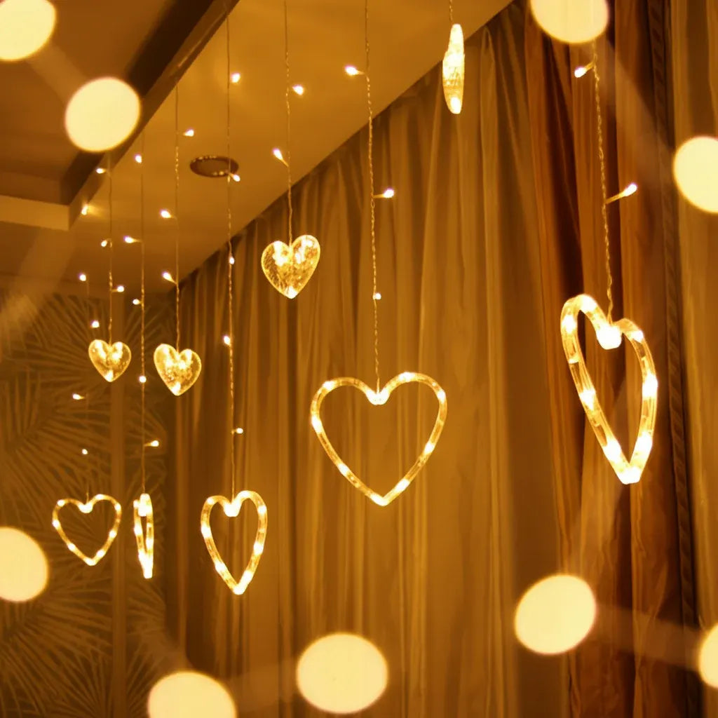Heart-Shaped Warm LED Window Curtain String Lights