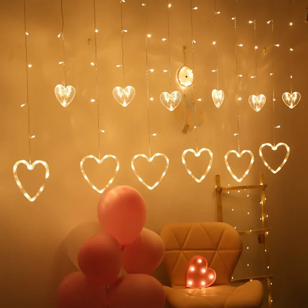 Heart-Shaped Warm LED Window Curtain String Lights