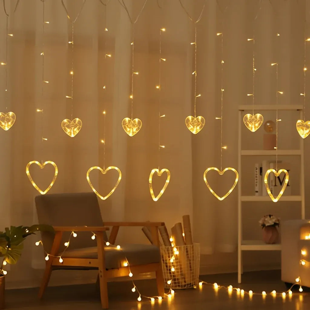 Heart-Shaped Warm LED Window Curtain String Lights