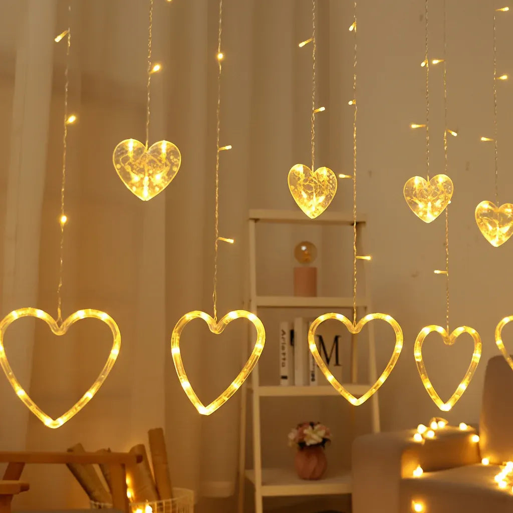Heart-Shaped Warm LED Window Curtain String Lights