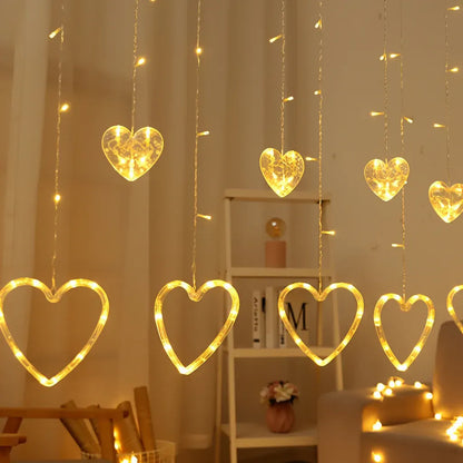 Heart-Shaped Warm LED Window Curtain String Lights