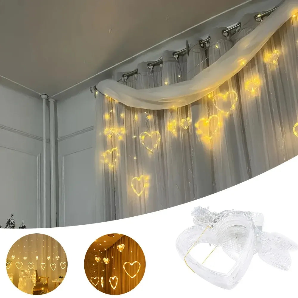 Heart-Shaped Warm LED Window Curtain String Lights