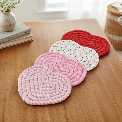 Heart-Shaped Woven Polyester Heat-Resistant Table Coasters Set