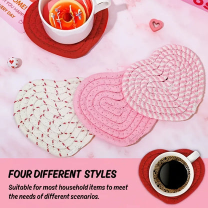 Heart-Shaped Woven Polyester Heat-Resistant Table Coasters Set