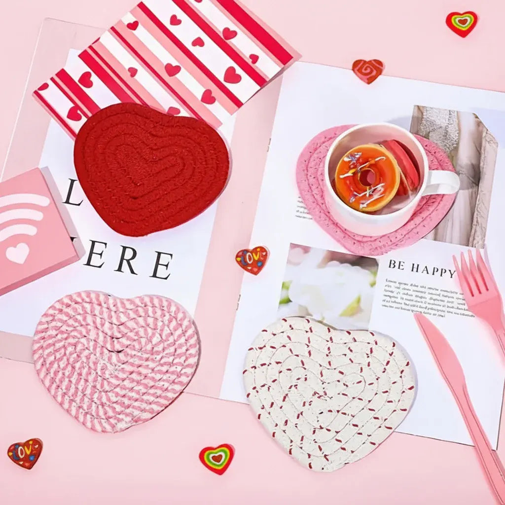 Heart-Shaped Woven Polyester Heat-Resistant Table Coasters Set
