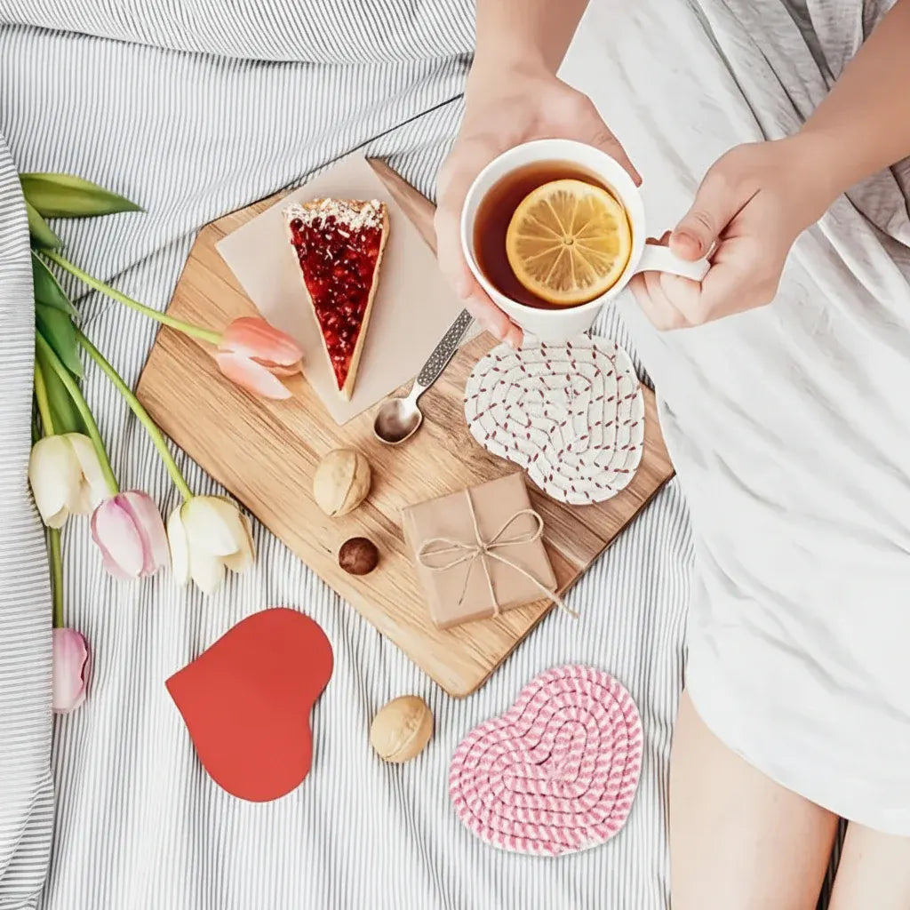 Heart-Shaped Woven Polyester Heat-Resistant Table Coasters Set