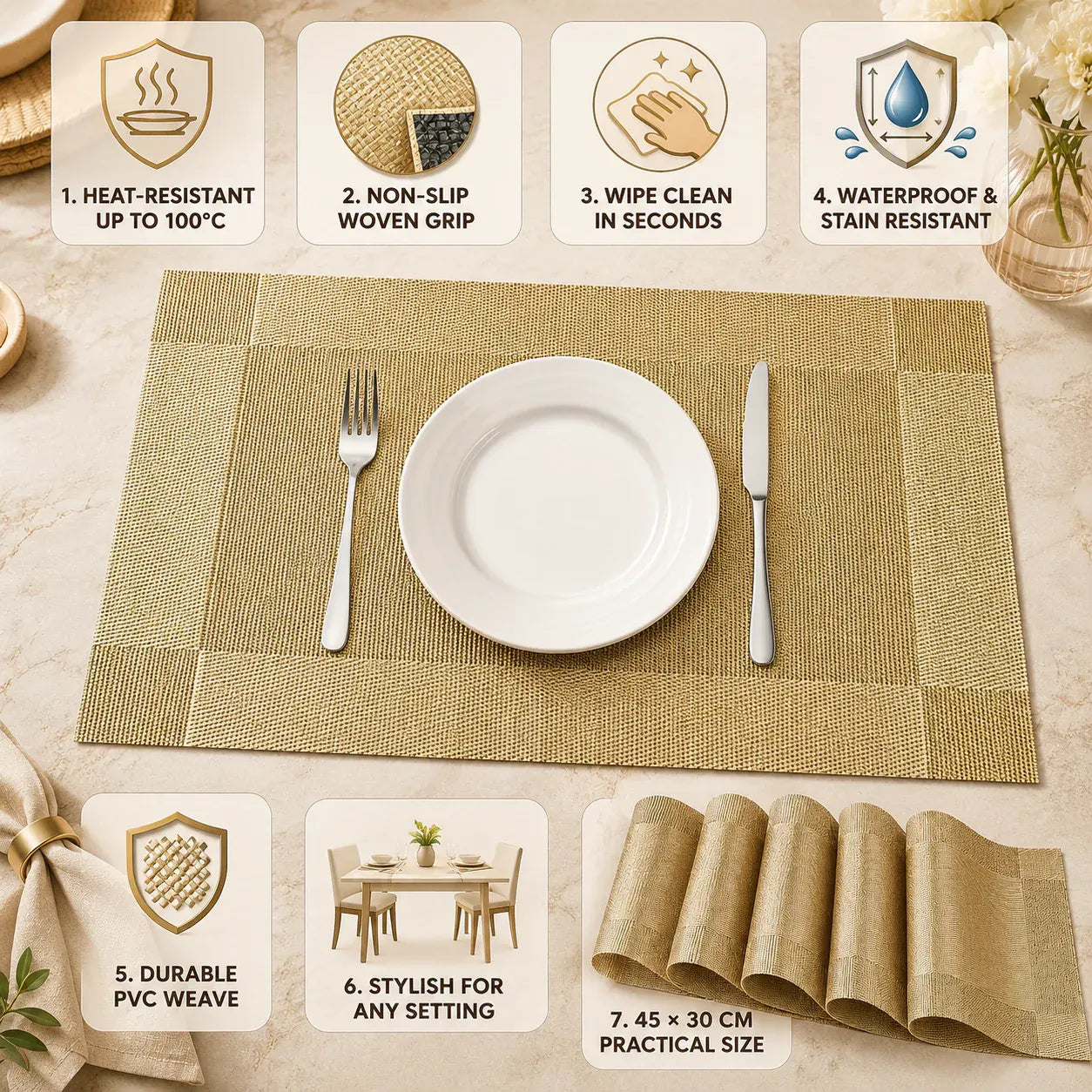 Heat-Resistant PVC Placemats – Washable, Non-Slip Table Protection Mats