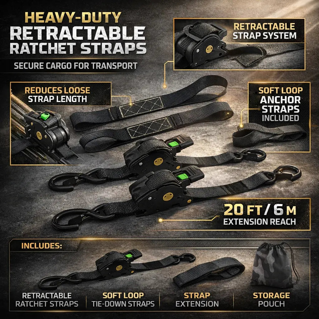 Heavy-Duty Retractable Cargo Tie-Down Straps with Hooks Set
