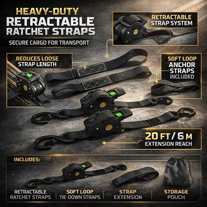 Heavy-Duty Retractable Cargo Tie-Down Straps with Hooks Set