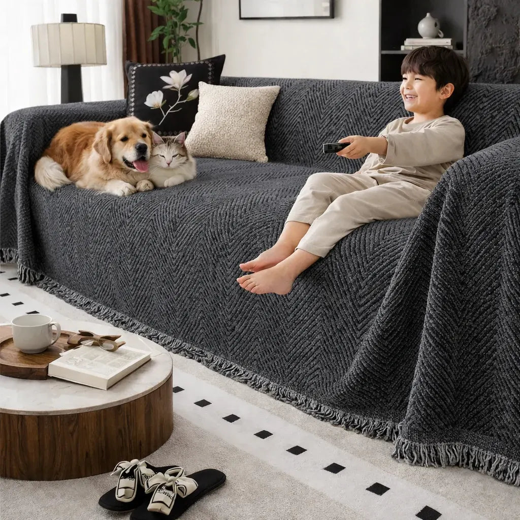 Herringbone Stripe Non-Slip Microfiber Sofa Slipcover Protector