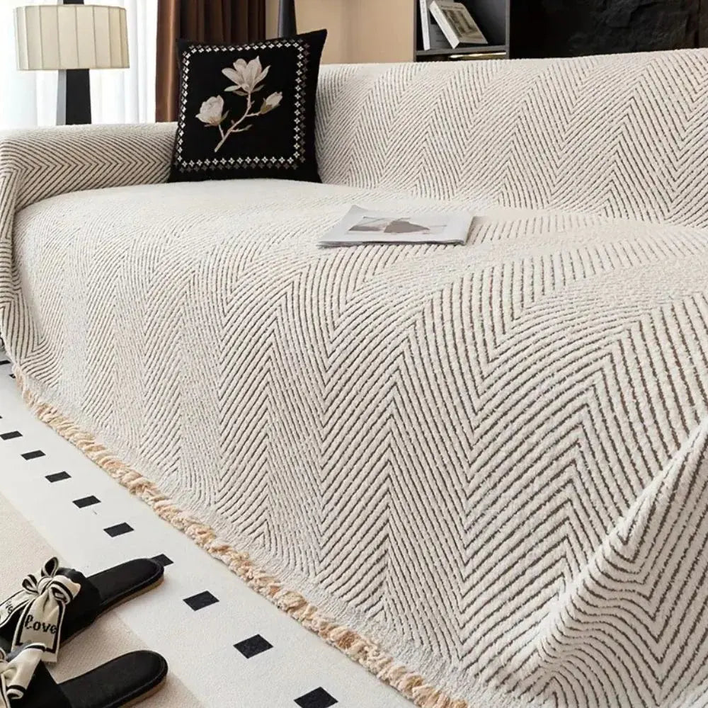 Herringbone Stripe Non-Slip Microfiber Sofa Slipcover Protector