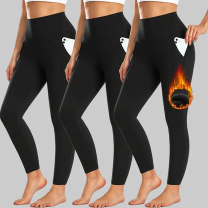 High-Waisted Fleece-Lined Leggings with Pockets for Winter Workouts