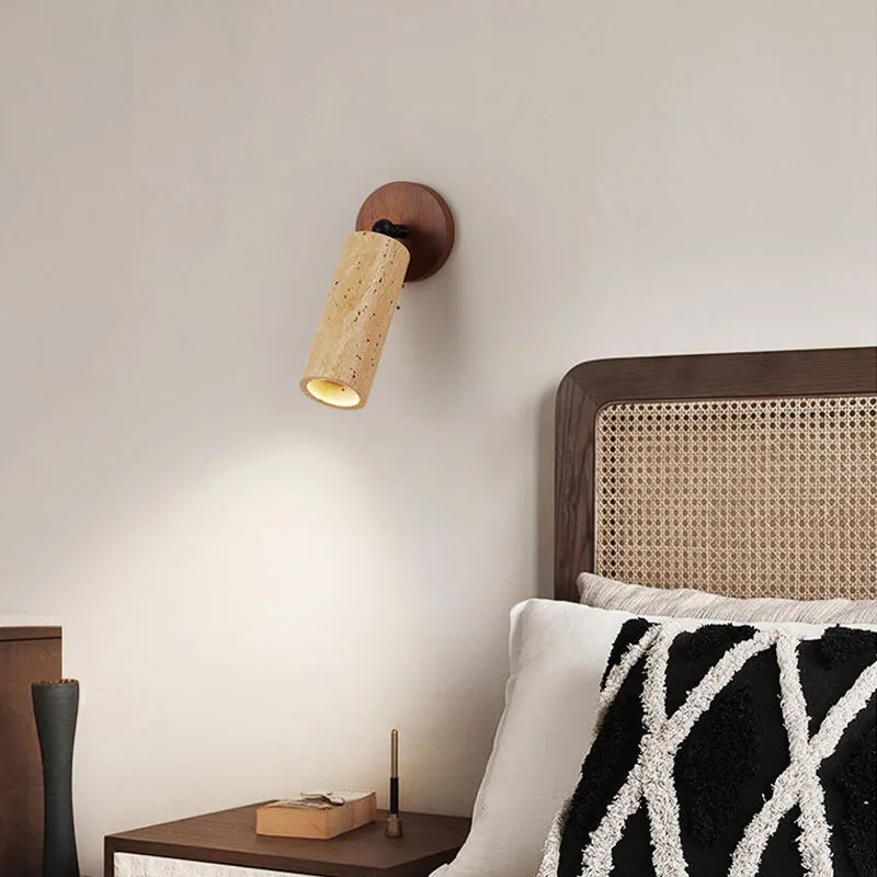 Huangdong Wabi-Sabi Wall Sconce | Travertine & Wood Light Fixture