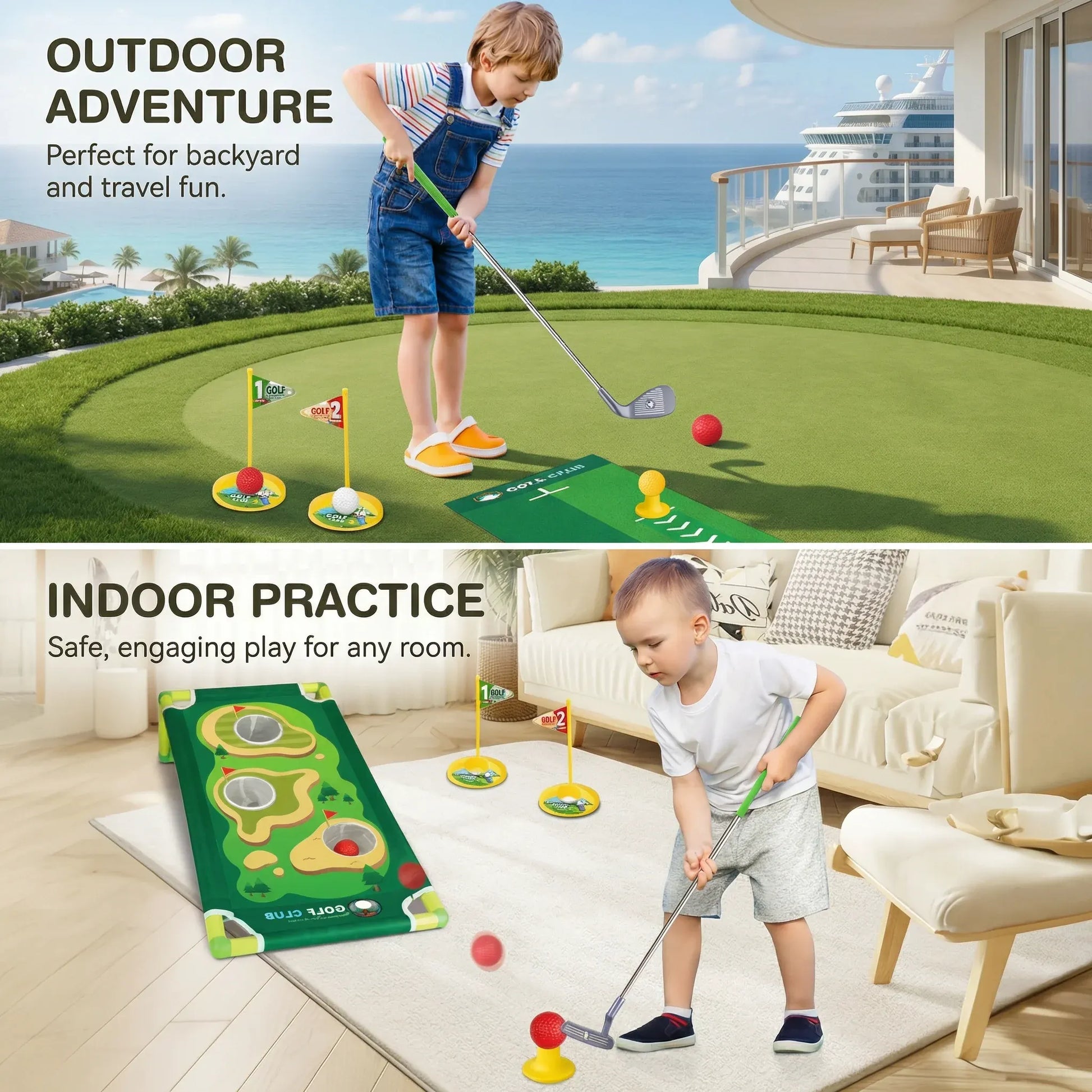 Indoor Golf Putting Mat with Adjustable Clubs Practice Set