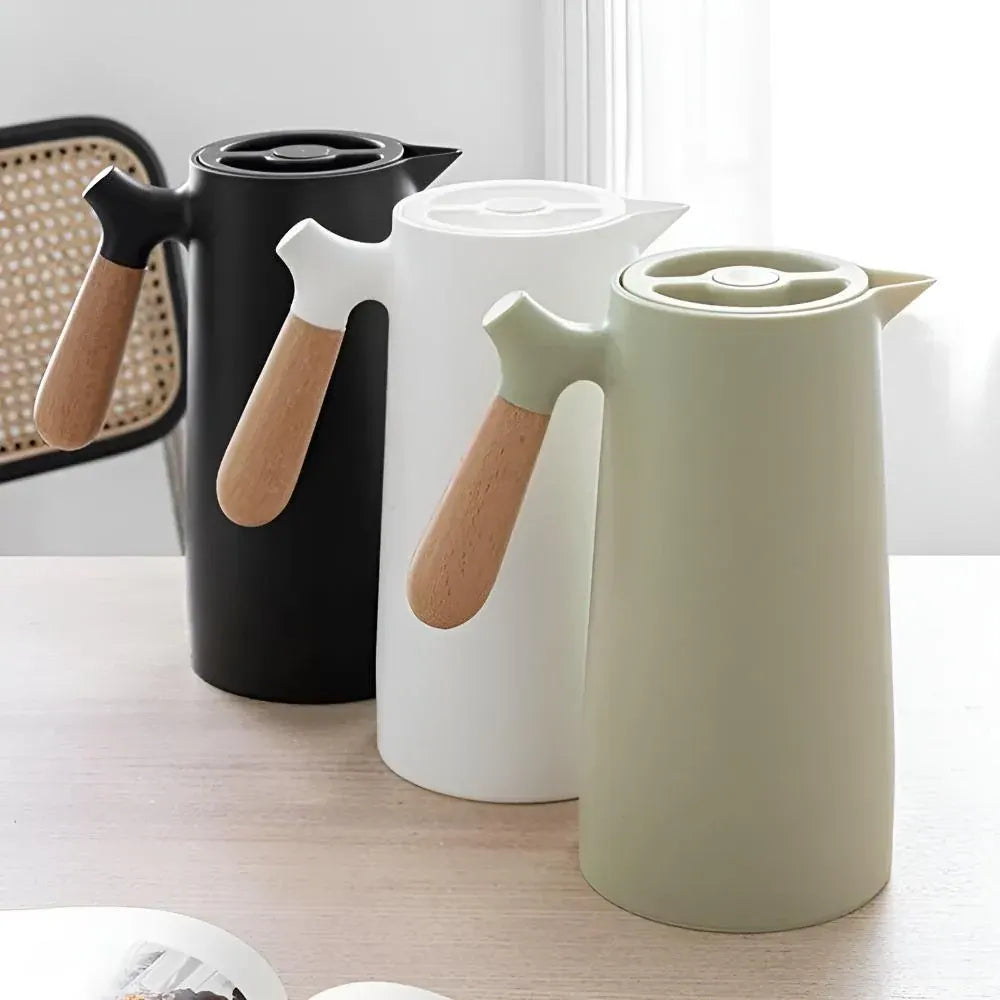 Insulated Thermal Carafe with Wooden Handle Beverage Dispenser