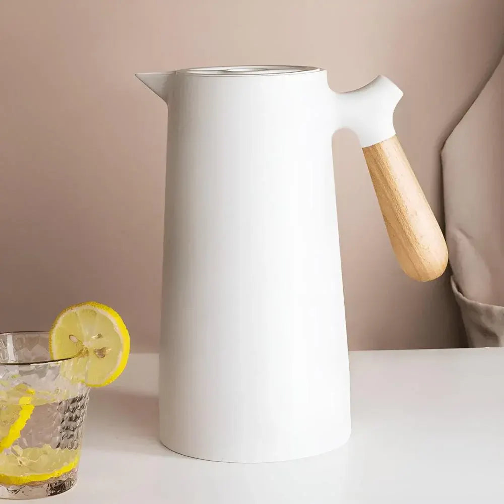 Insulated Thermal Carafe with Wooden Handle Beverage Dispenser