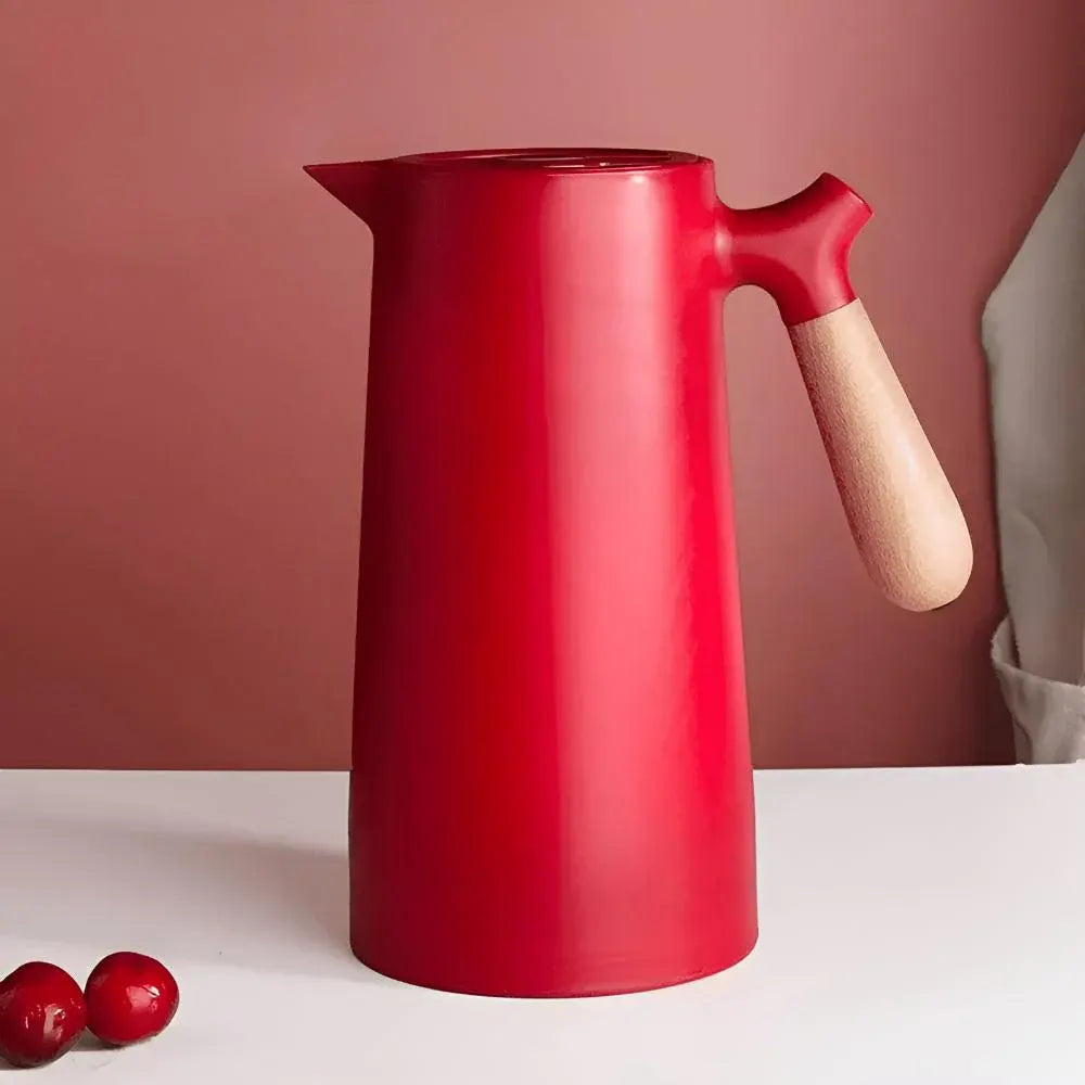 Insulated Thermal Carafe with Wooden Handle Beverage Dispenser