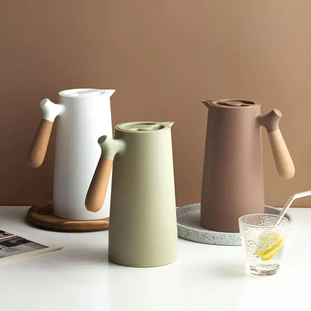 Insulated Thermal Carafe with Wooden Handle Beverage Dispenser