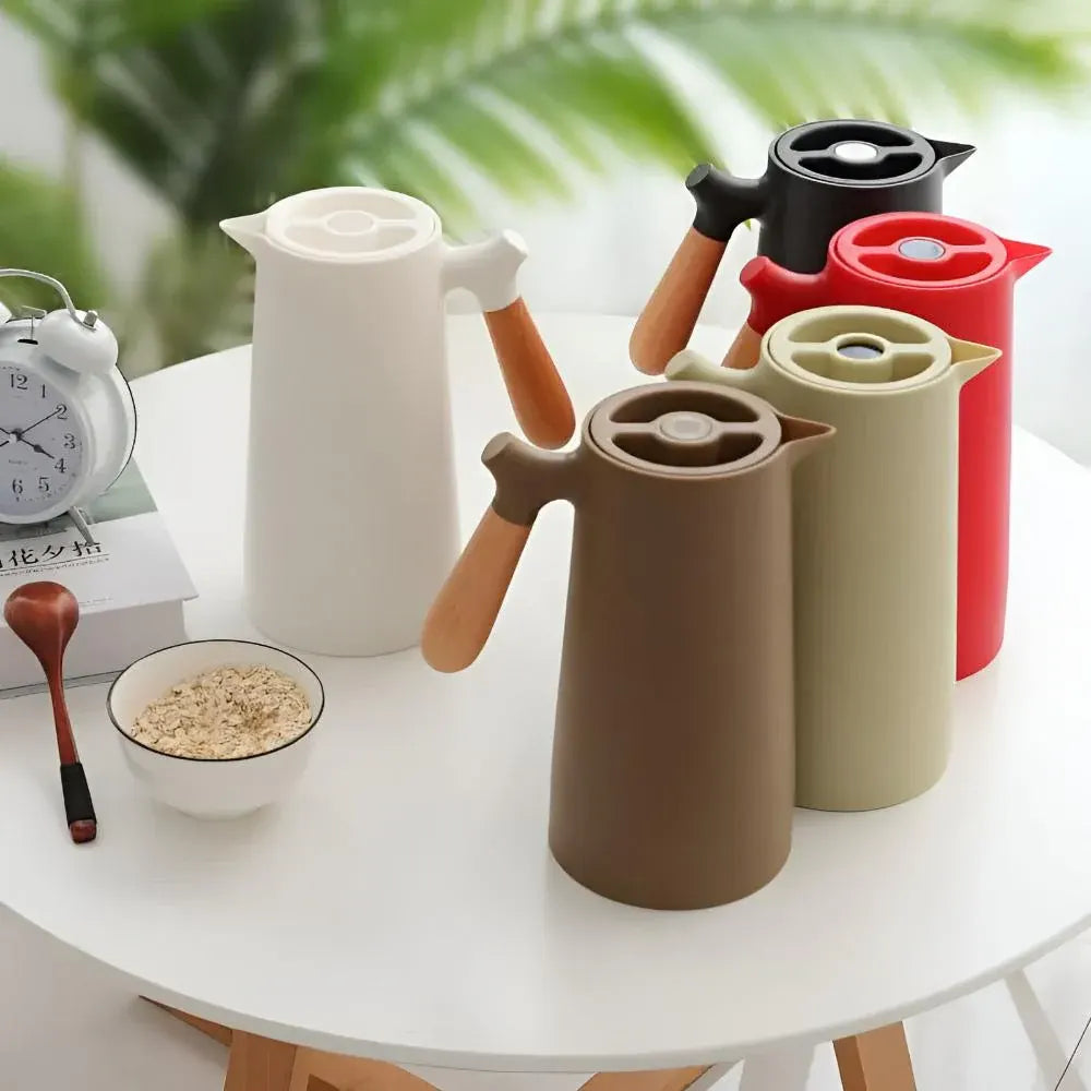 Insulated Thermal Carafe with Wooden Handle Beverage Dispenser